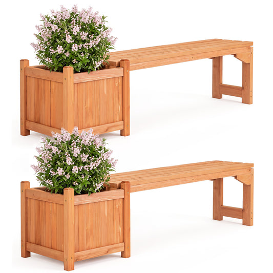 Set of 2 outdoor orange benches with built-in raised garden beds, spacious seats, and detachable bottom plates for versatile garden use.