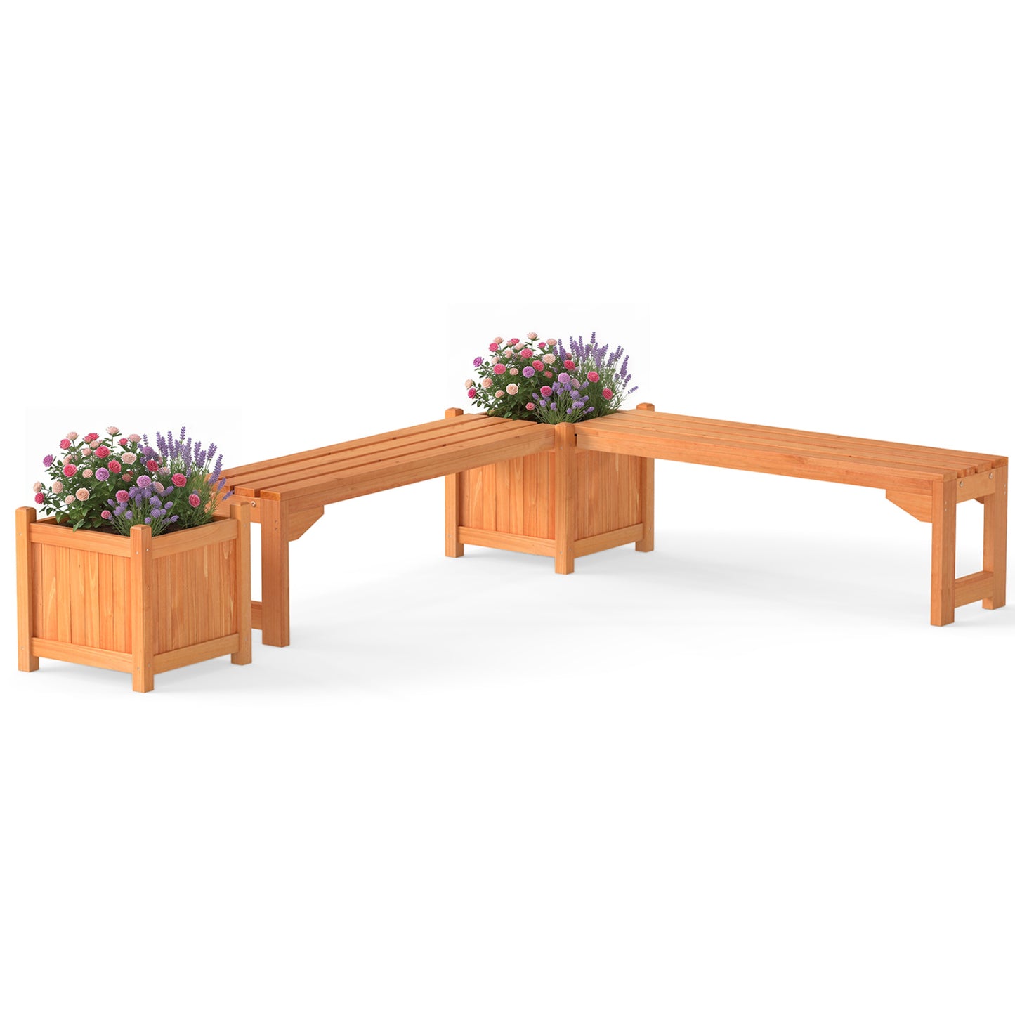 Set of 2 Outdoor Bench with Raised Garden Bed with Spacious Seat and Detachable Bottom Plates-Orange