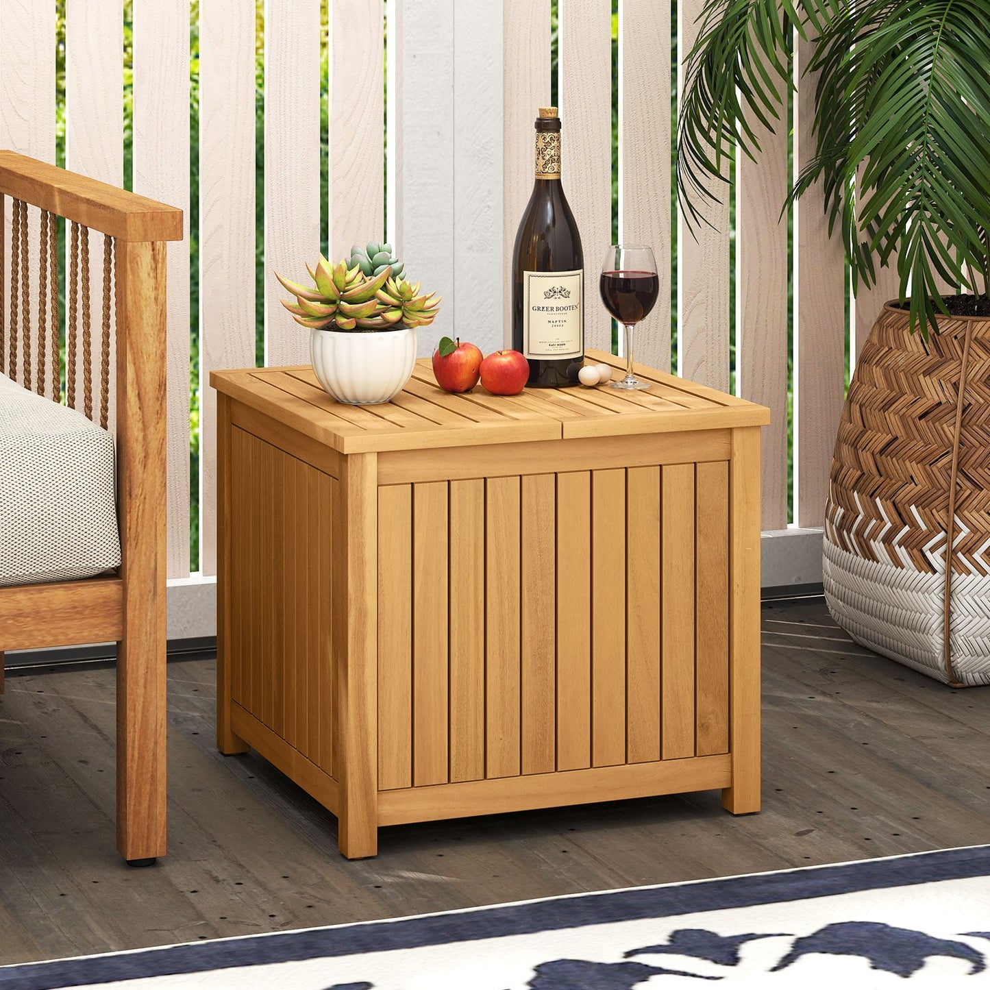 2-in-1 Outdoor Side Table with Storage Acacia Wood Slatted Coffee Table Square Slatted End Storage Box