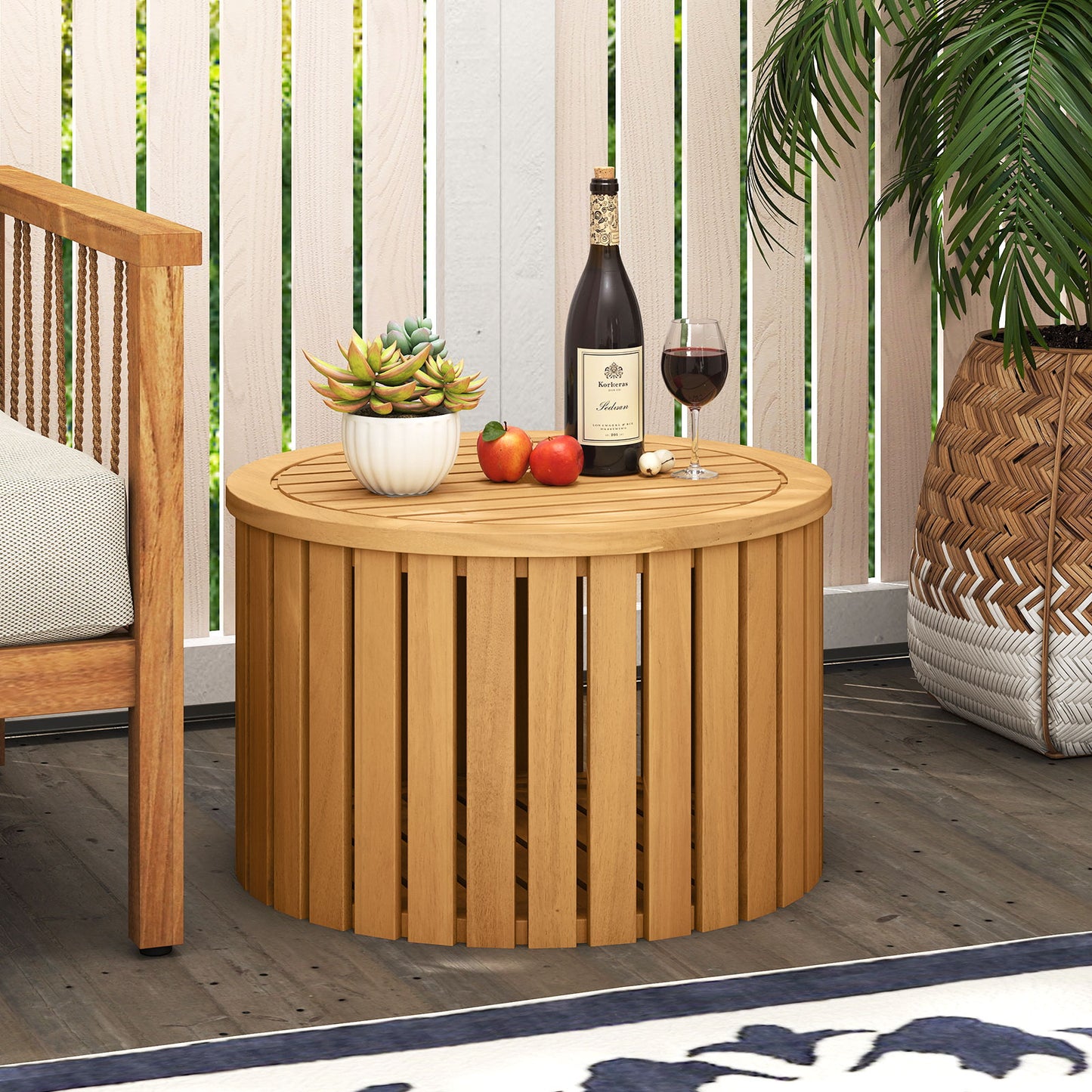 2-in-1 Outdoor Side Table with Storage Acacia Wood Slatted Coffee Table Square Slatted End Storage Box