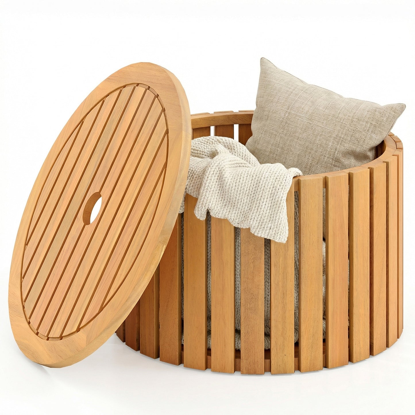 2-in-1 Outdoor Side Table with Storage Acacia Wood Slatted Coffee Table Square Slatted End Storage Box