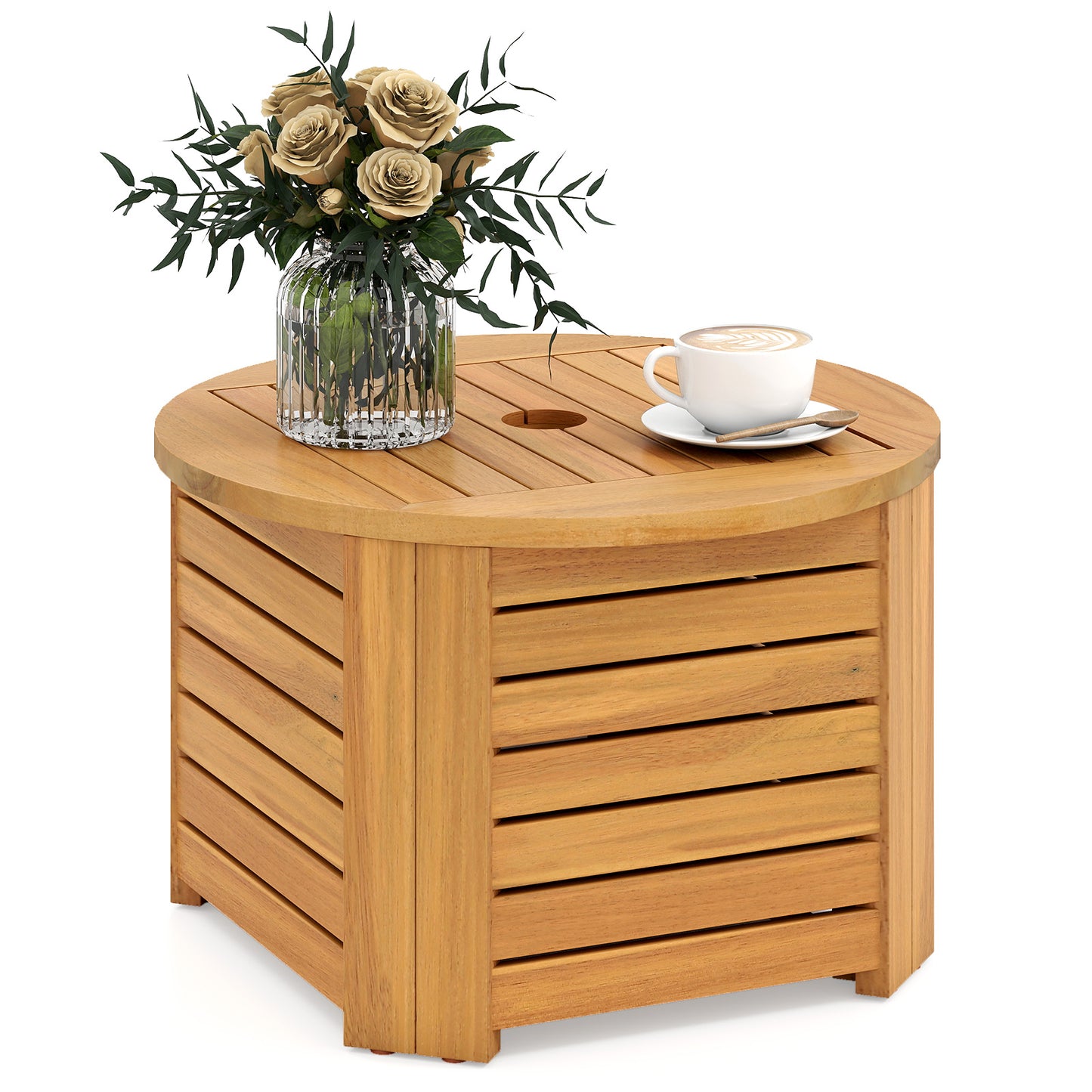 2-in-1 Outdoor Side Table with Storage Acacia Wood Slatted Coffee Table Square Slatted End Storage Box