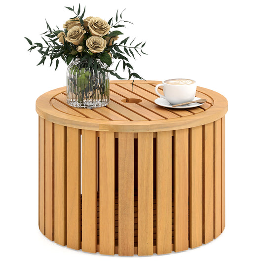 Round acacia wood outdoor 2-in-1 side table with slatted design and built-in storage for patio or garden use.