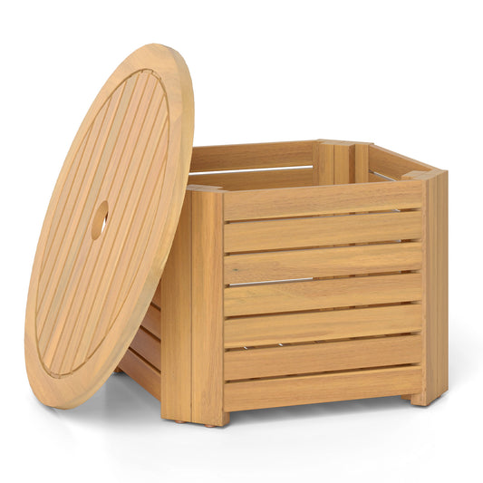 Outdoor 2-in-1 acacia wood side table with storage, square and round slatted coffee and end table for patio use