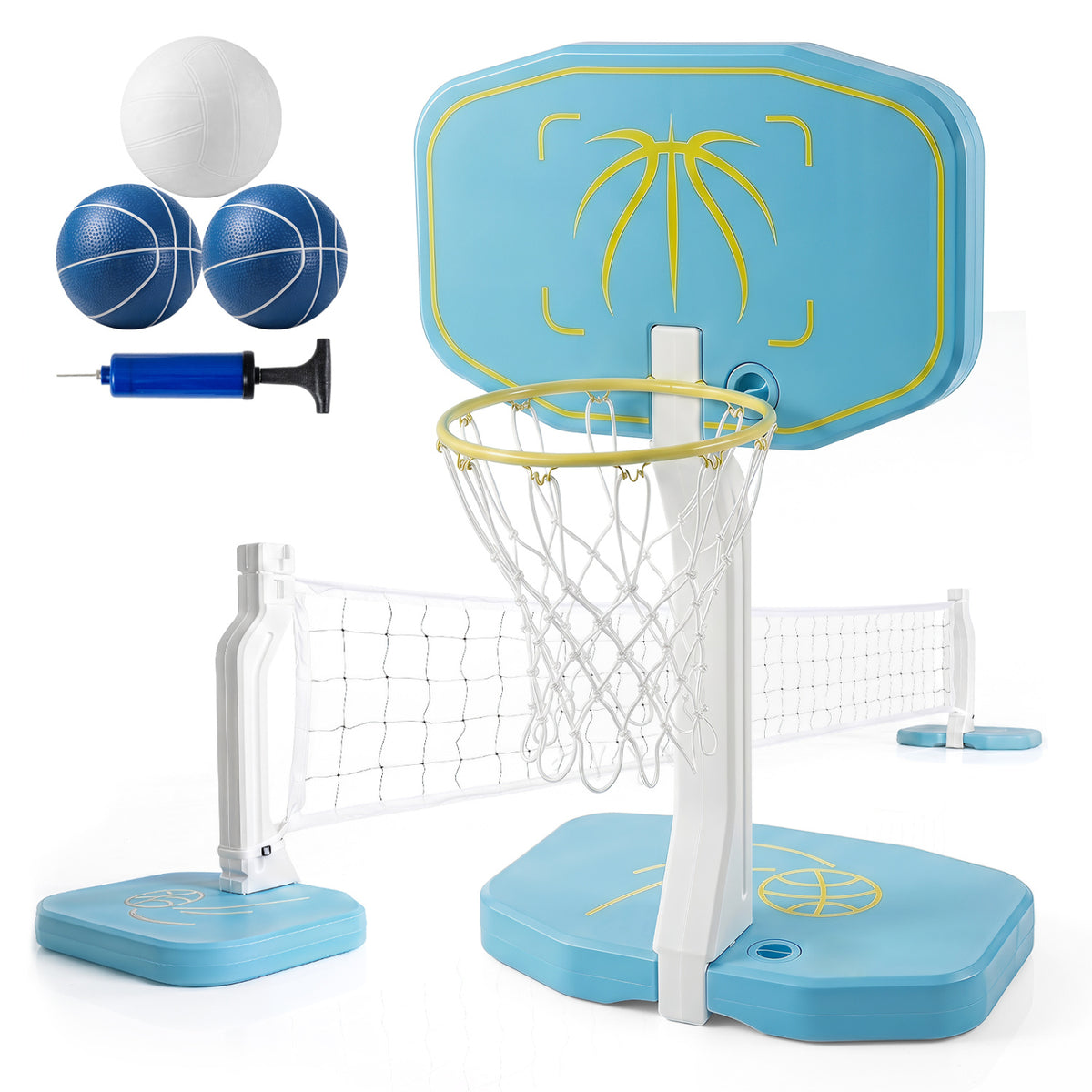Wilson's 2-in-1 pool basketball hoop and pool volleyball net for outdoor water play, featuring durable sports equipment design.