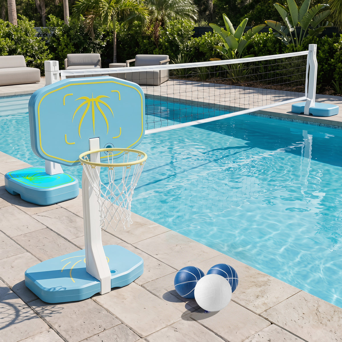 Wilson 2-in-1 pool basketball hoop and volleyball net for water sports, featuring durable design for poolside fun and games.