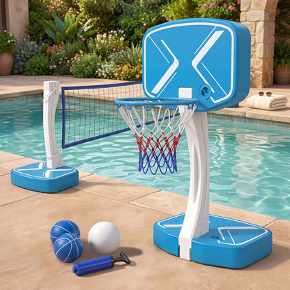 Wilson's 2-in-1 pool basketball hoop and volleyball net with weighted base for water sports fun and easy setup.