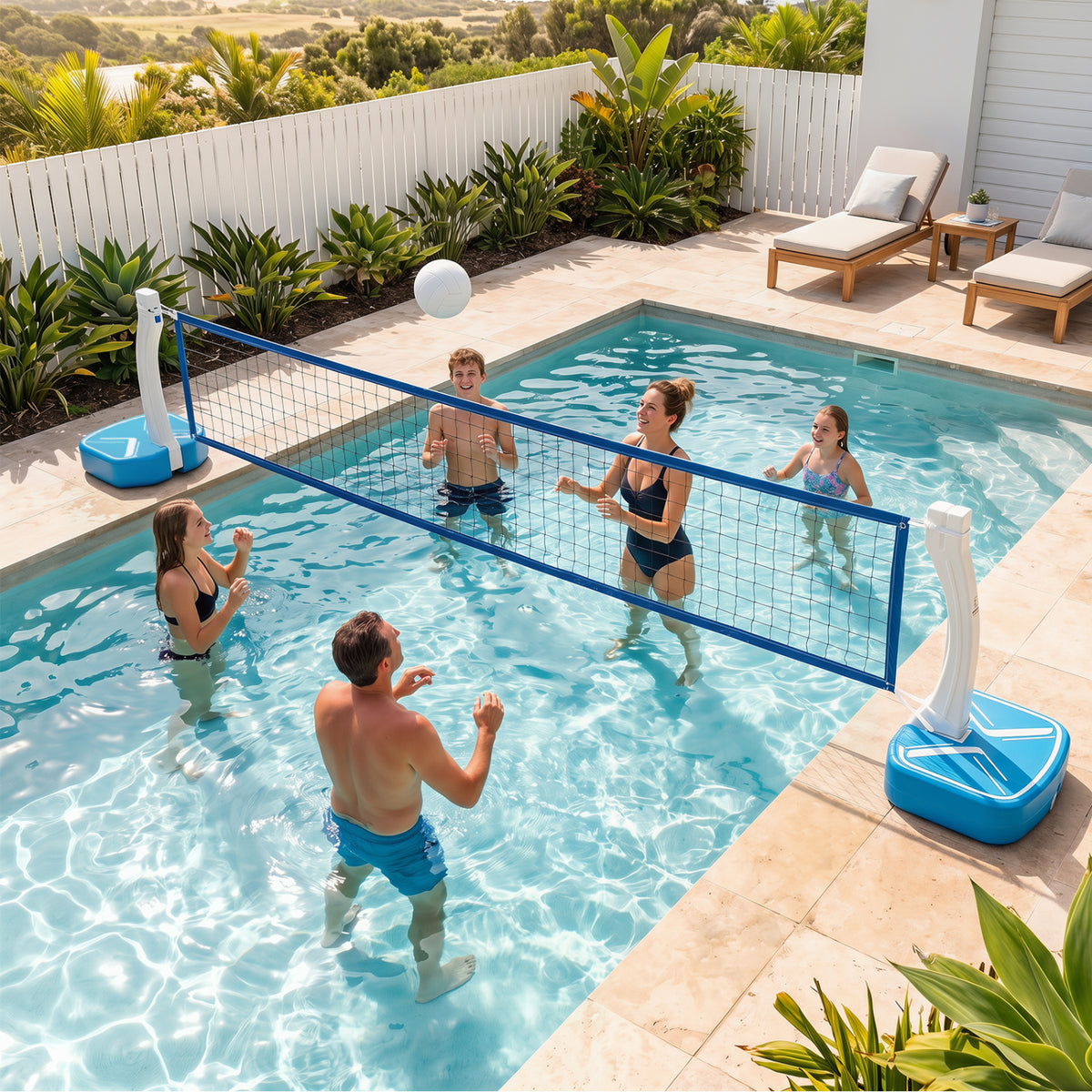 Wilson 2-in-1 pool basketball hoop and volleyball net with weighted base for water fun and sports in the pool area.