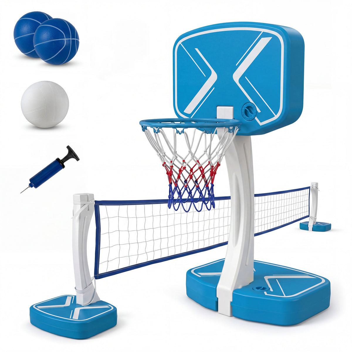 Wilson's 2-in-1 pool basketball hoop and volleyball net with weighted base, ideal for backyard pool games and sports fun.