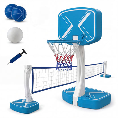 Wilson's 2-in-1 pool basketball hoop and volleyball net with weighted base, ideal for backyard pool games and sports fun.