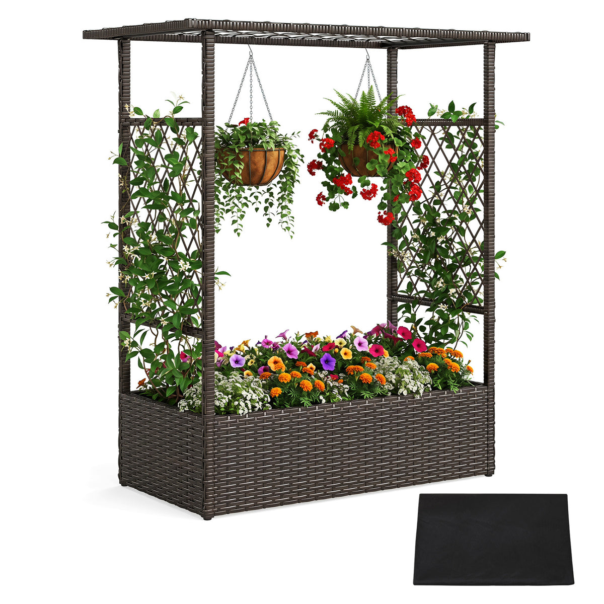 Brown 2-in-1 raised garden bed with hanging roof and trellises, ideal for outdoor gardening and plant support.