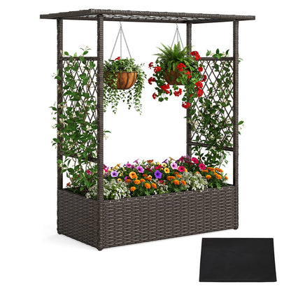 Brown 2-in-1 raised garden bed with hanging roof and trellises, ideal for outdoor gardening and plant support.