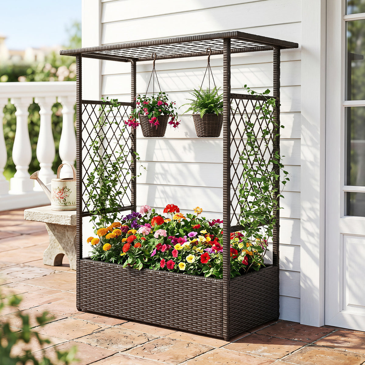 Brown 2-in-1 raised garden bed with hanging roof and trellises, ideal for outdoor gardening and plant support.