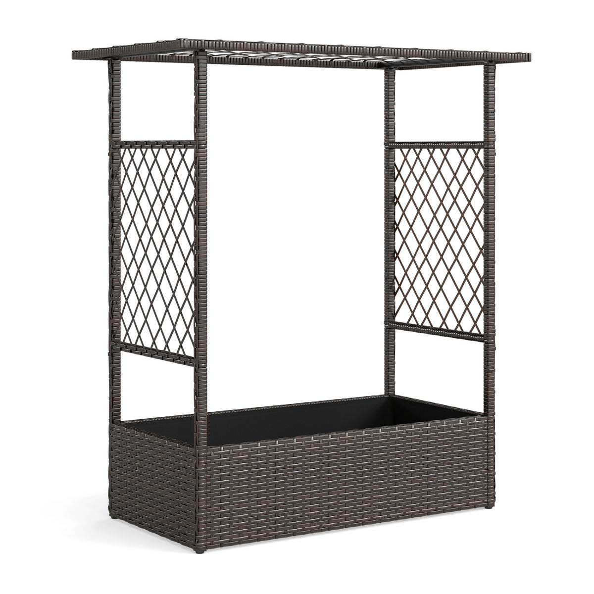 Brown 2-in-1 raised garden bed with hanging roof and trellises, perfect for outdoor gardening and plant support.