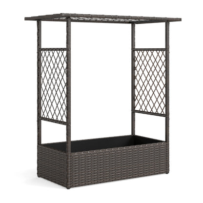 Brown 2-in-1 raised garden bed with hanging roof and trellises, perfect for outdoor gardening and plant support.