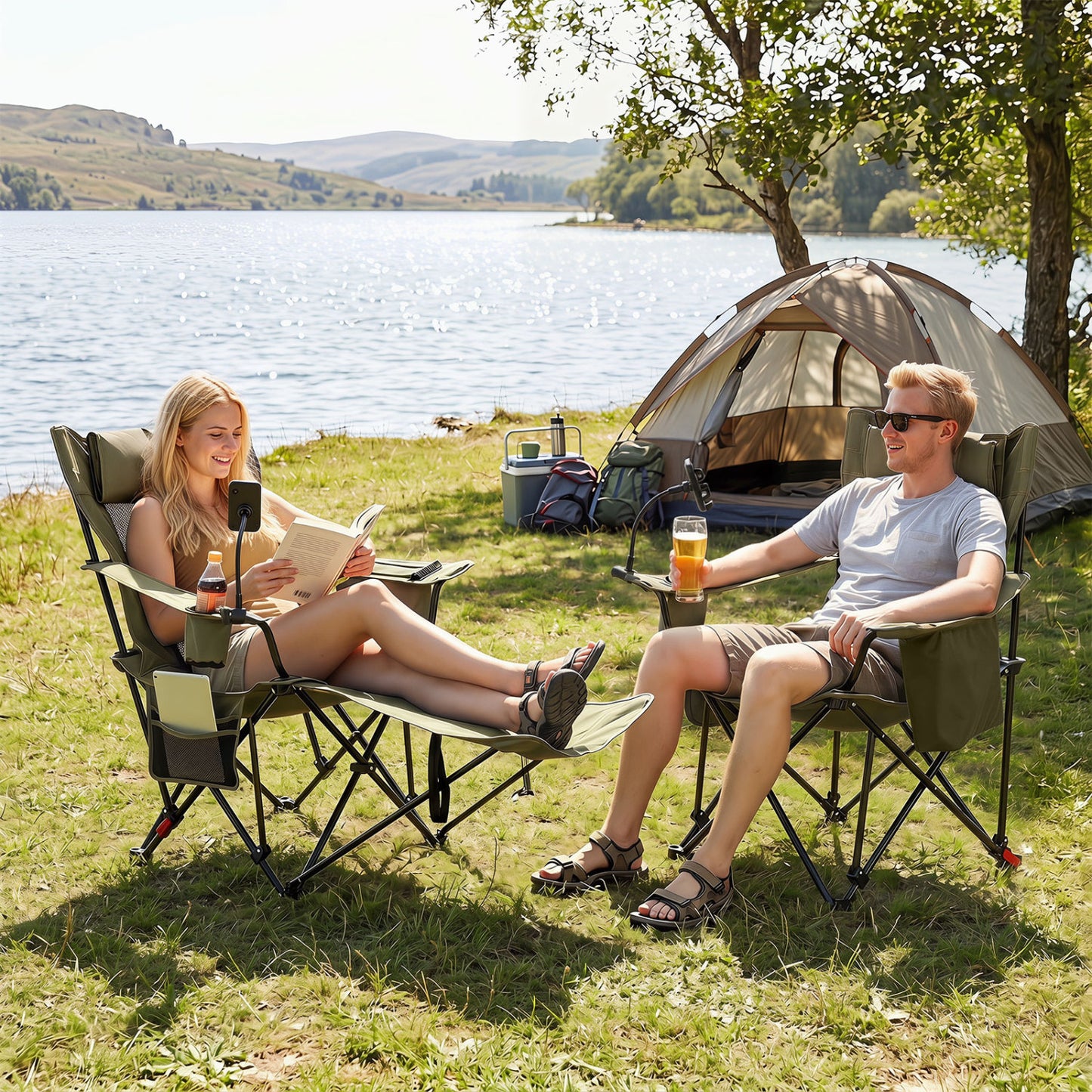 Gray 2-in-1 reclining camping chair with adjustable backrest, outdoor camping furniture by Wilsons Home Store.