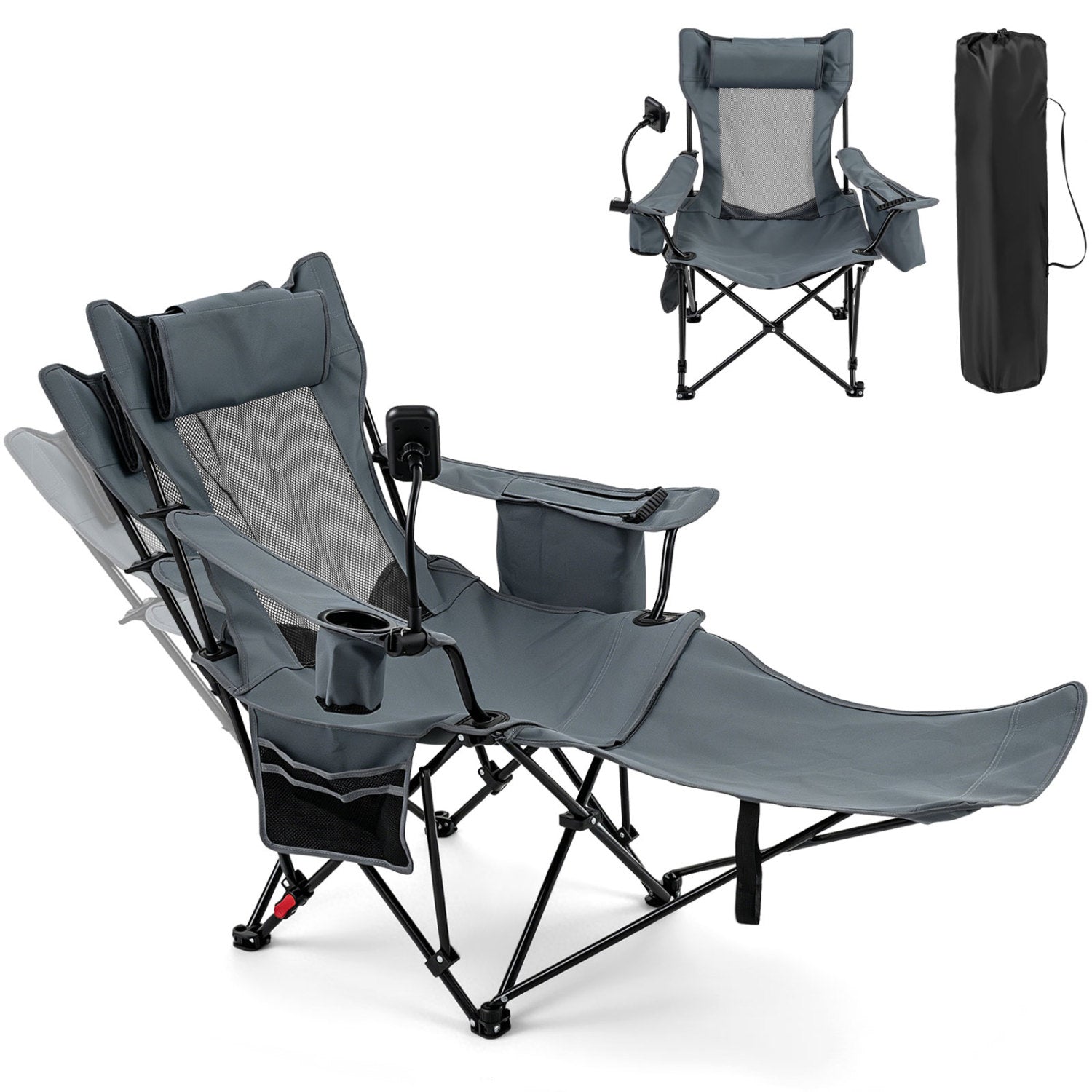 Gray 2-in-1 reclining camping chair with adjustable backrest, outdoor camping furniture, by Wilsons Home Store
