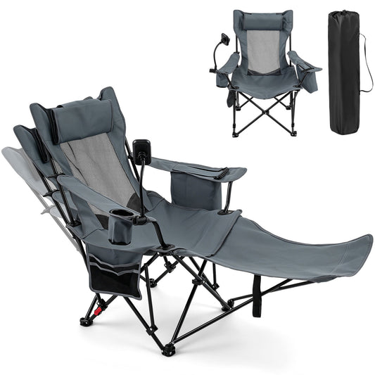 Gray 2-in-1 reclining camping chair with adjustable backrest, outdoor camping furniture, by Wilsons Home Store