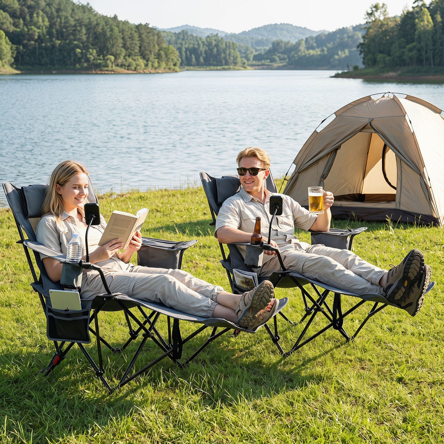 Gray 2-in-1 reclining camping chair with adjustable backrest, outdoor camping furniture designed for comfort and versatility.