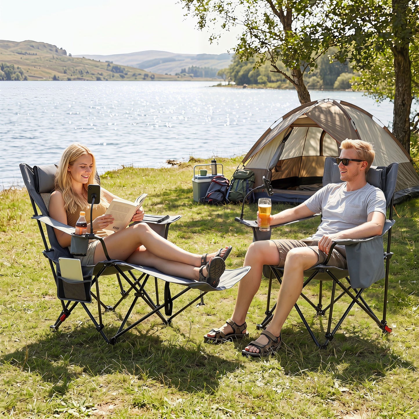 Gray 2-in-1 reclining camping chair with adjustable backrest, outdoor camping furniture, lightweight and portable for outdoor adventures.