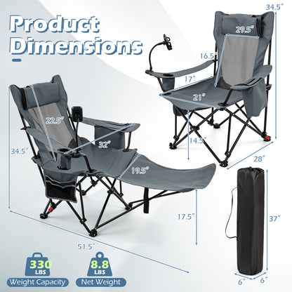 Gray 2-in-1 reclining camping chair with adjustable backrest, outdoor camping furniture from Wilsons Home Store.
