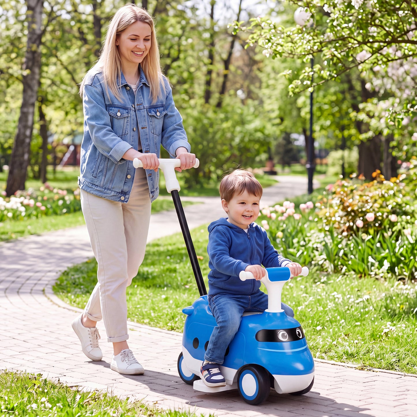 2-in-1 Ride On Push Car for Toddlers 1-3 Years Old with Horn-Blue
