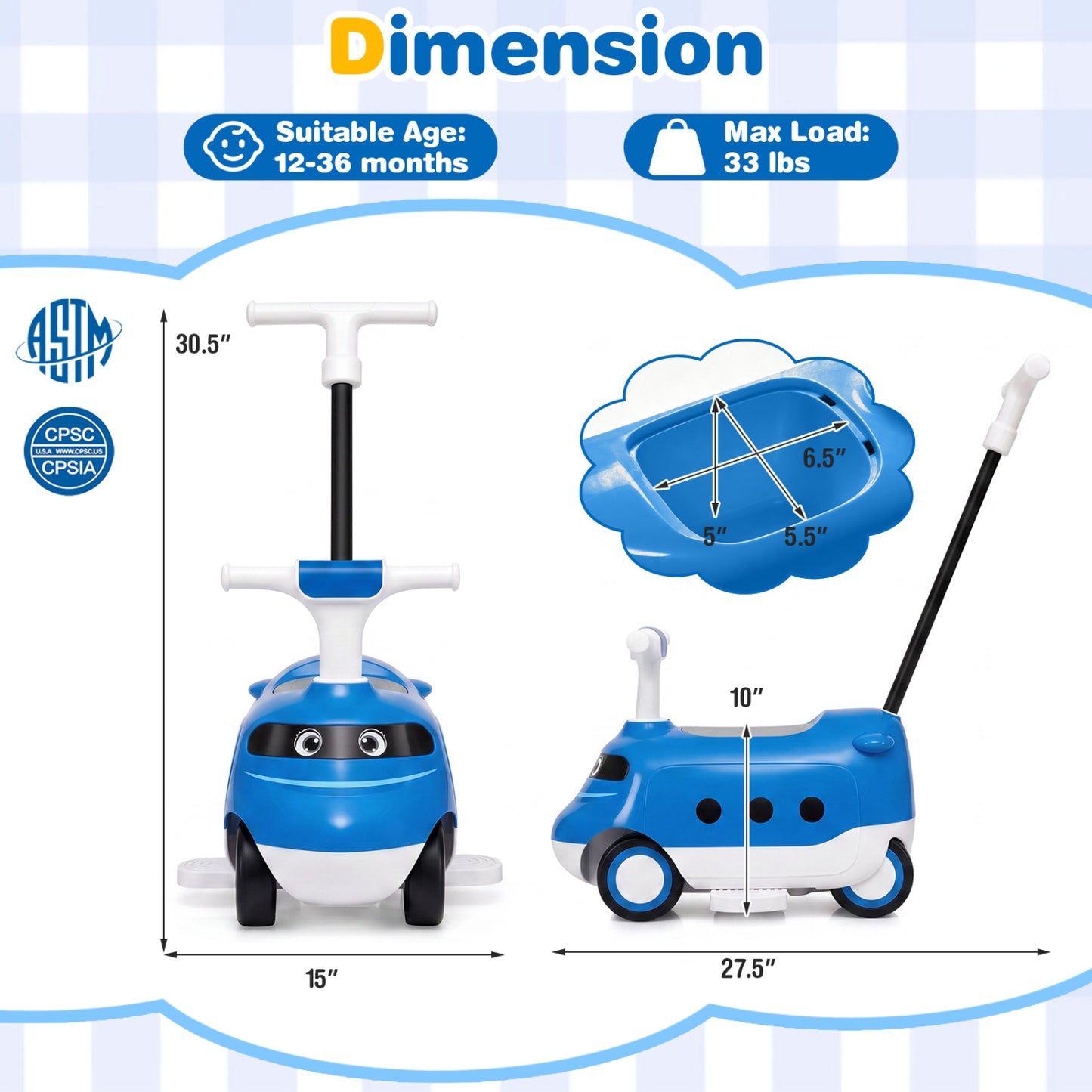2-in-1 Ride On Push Car for Toddlers 1-3 Years Old with Horn-Blue