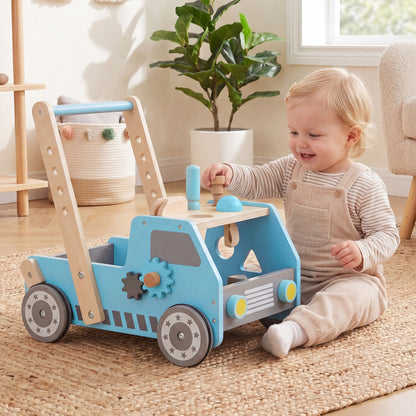 2-in-1 Wooden Baby Walker with Adjustable Speed and Bottom Storage-Blue