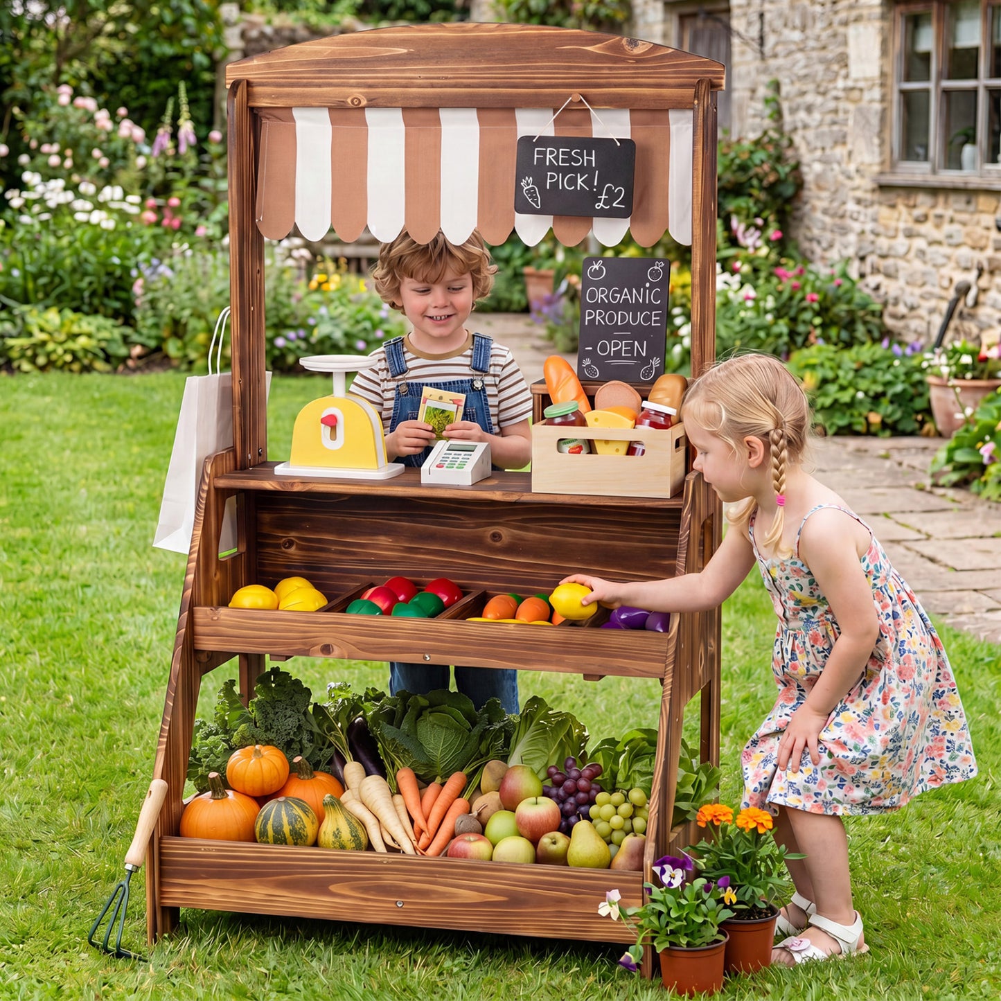 Wooden 2-in-1 mud kitchen and market stand for kids, with planter box and two chalkboards, in brown, outdoor pretend play toy