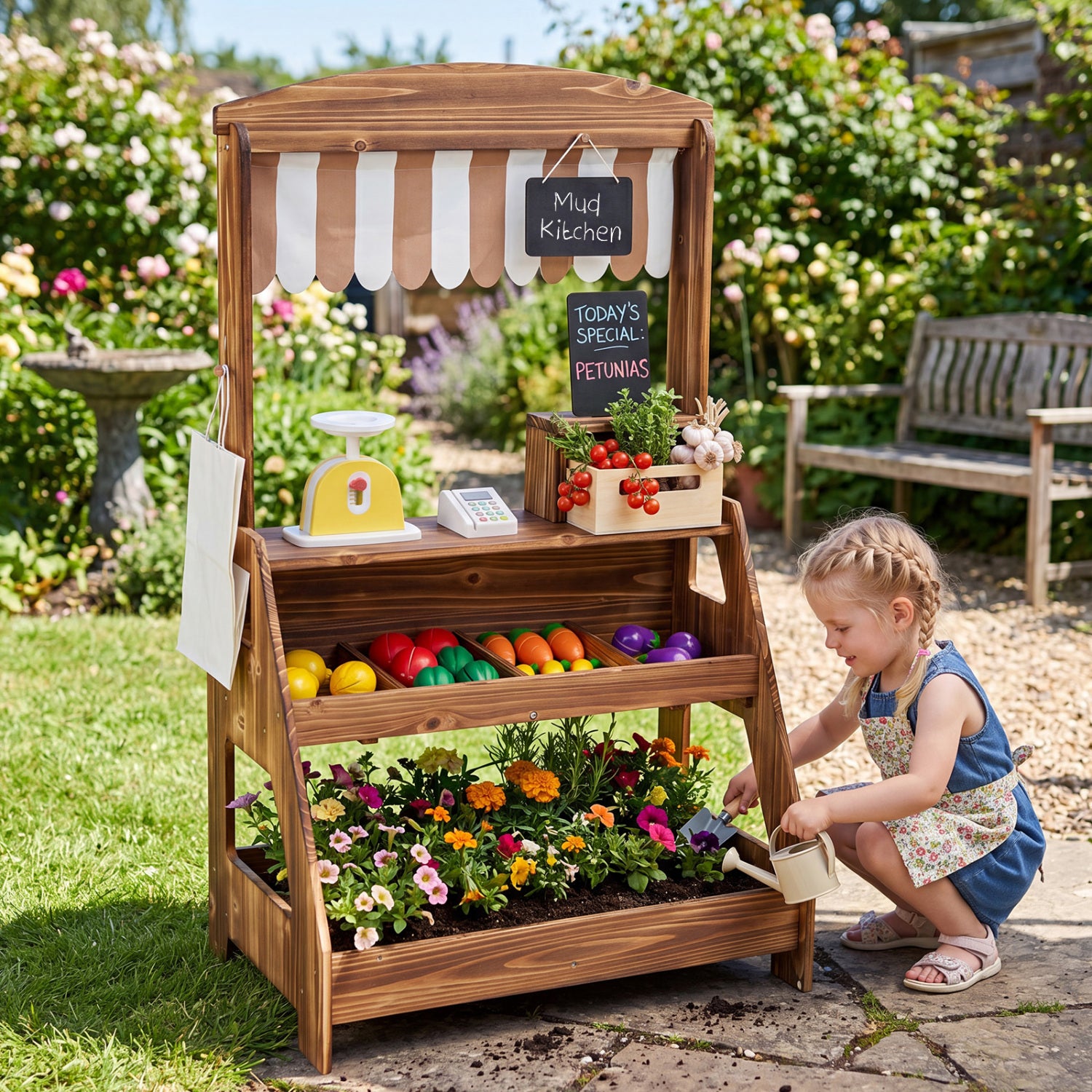 Wooden 2-in-1 mud kitchen and market stand for kids, with planter box and chalkboards, in brown, for outdoor pretend play.
