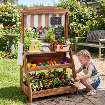 Wooden 2-in-1 mud kitchen and market stand for kids, with planter box and chalkboards, in brown, for outdoor pretend play.