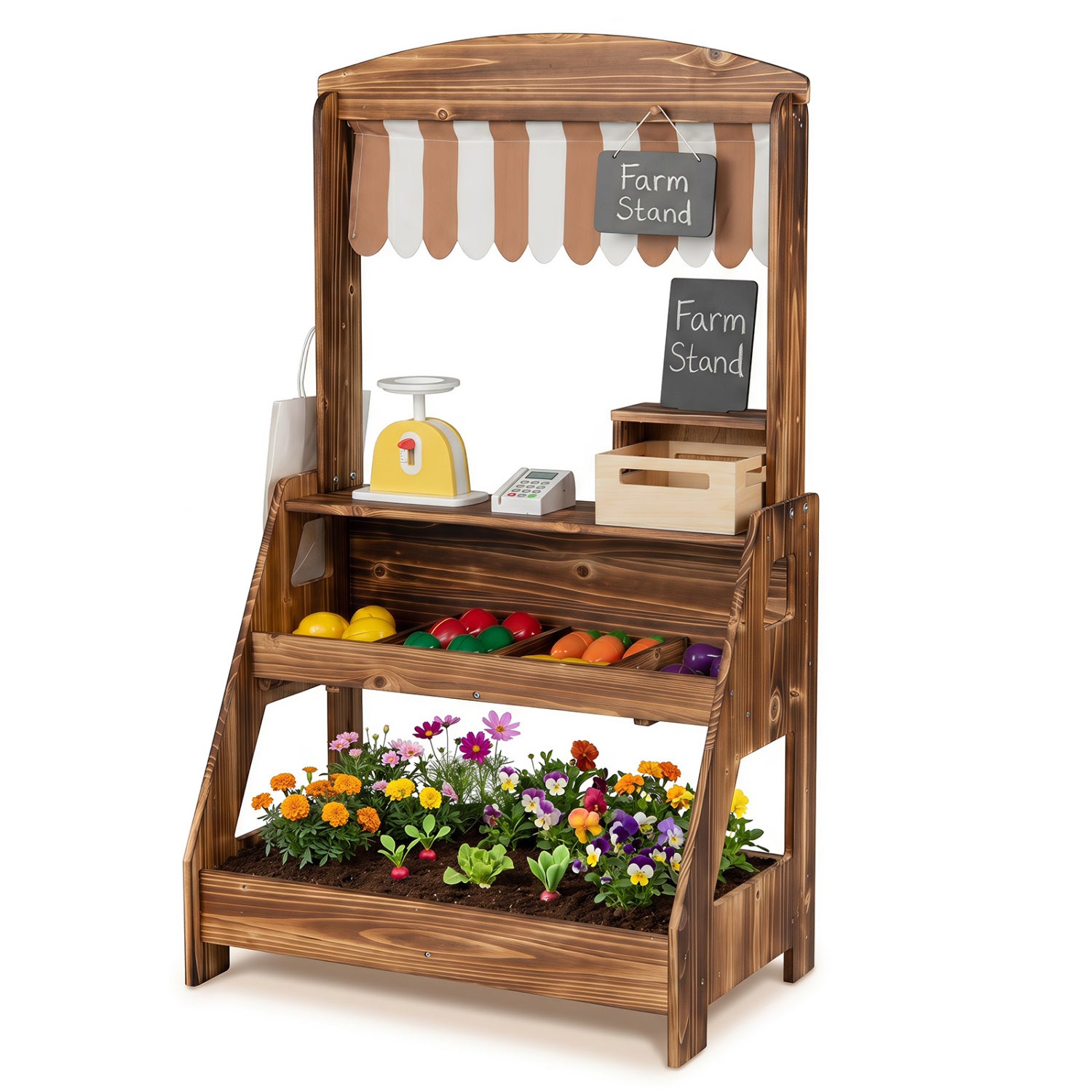 Wooden 2-in-1 mud kitchen and market stand for kids, with planter box and chalkboards, in brown, outdoor pretend play toy.