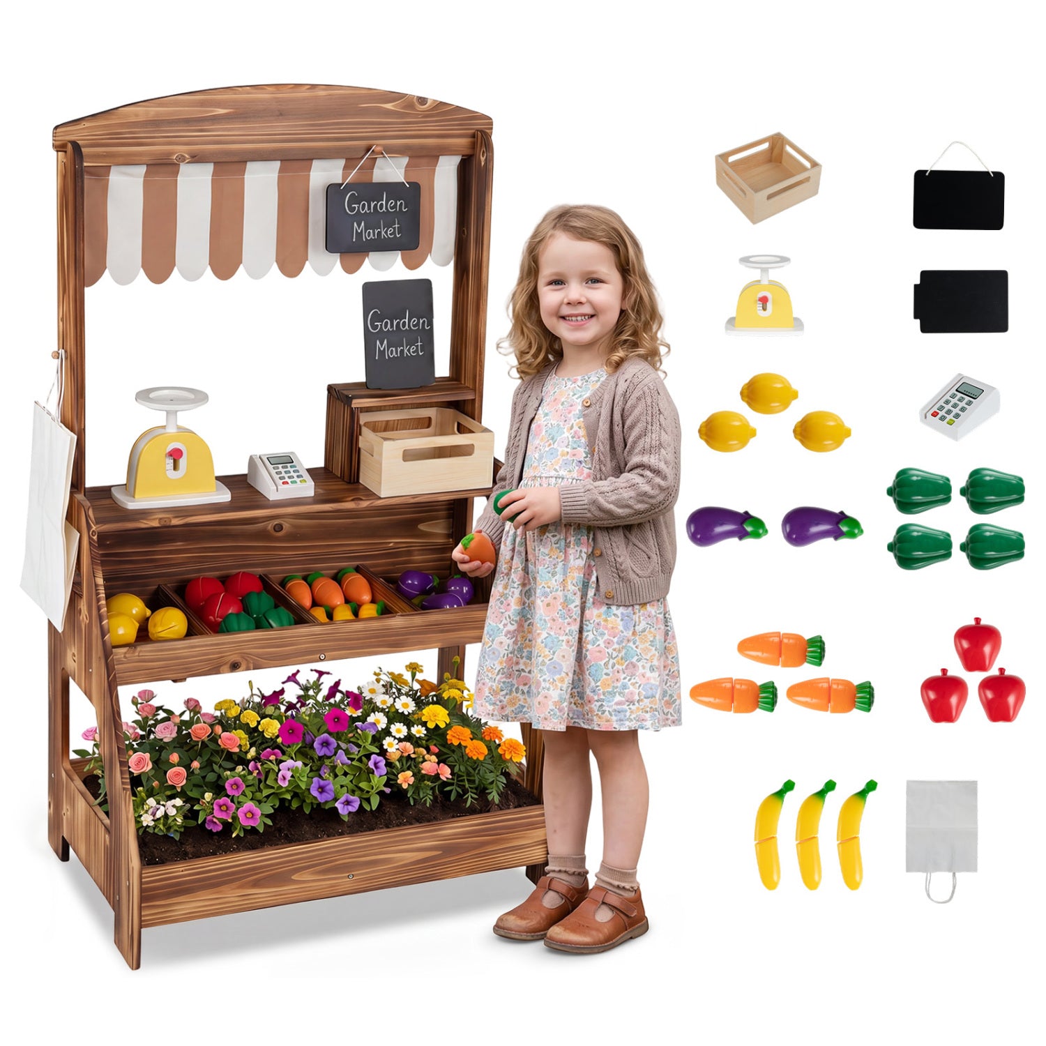 Wooden 2-in-1 mud kitchen and market stand for kids, with planter box and two chalkboards, in brown, outdoor pretend play toy
