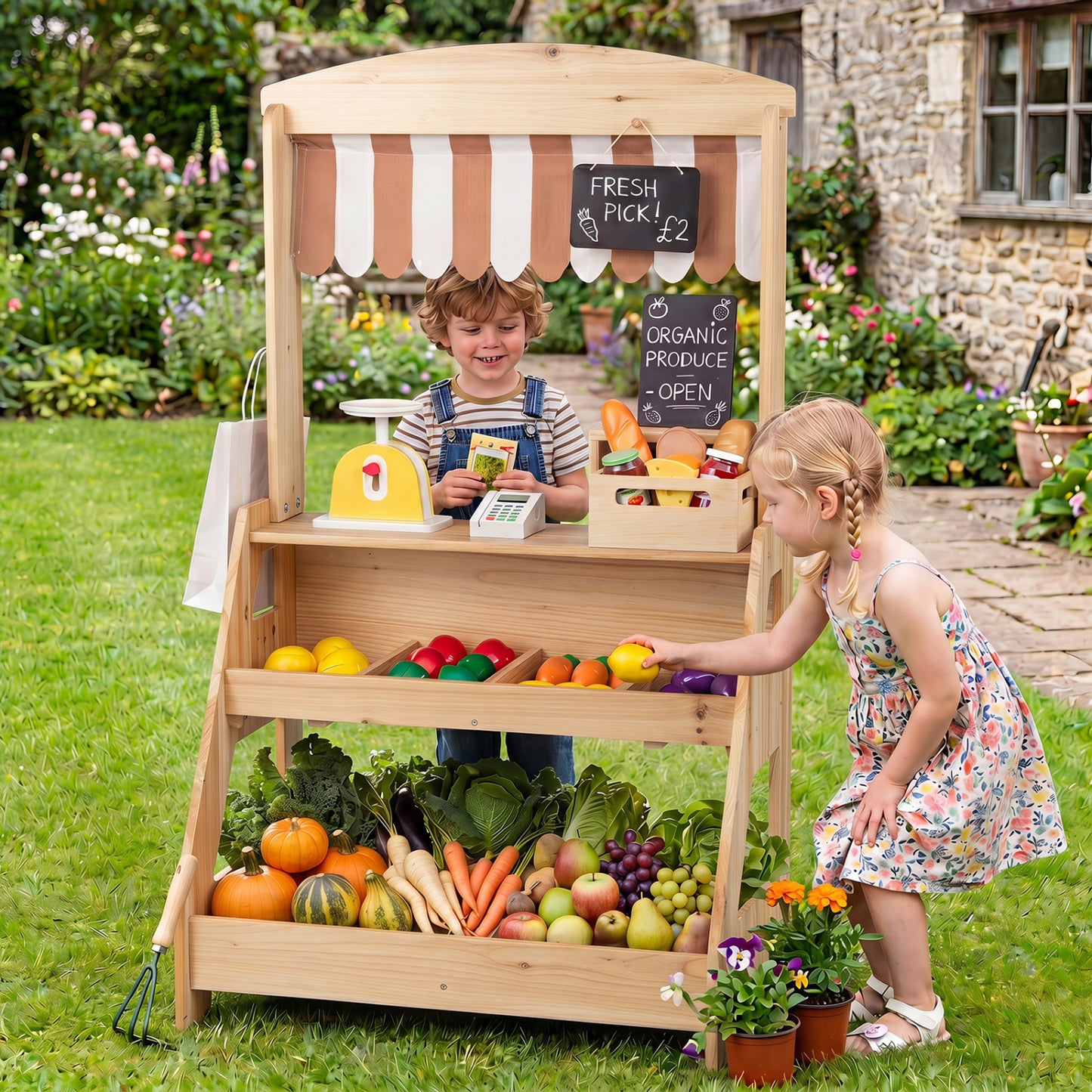 Brown 2-in-1 wooden mud kitchen and market stand for kids with planter box and two chalkboards, outdoor pretend play toy.
