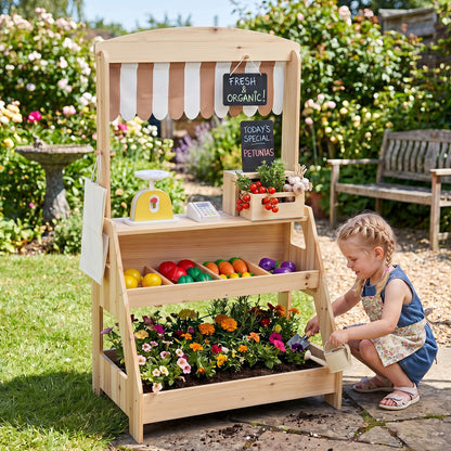 Brown 2-in-1 wooden mud kitchen and market stand for kids with planter box and two chalkboards, outdoor pretend play toy.