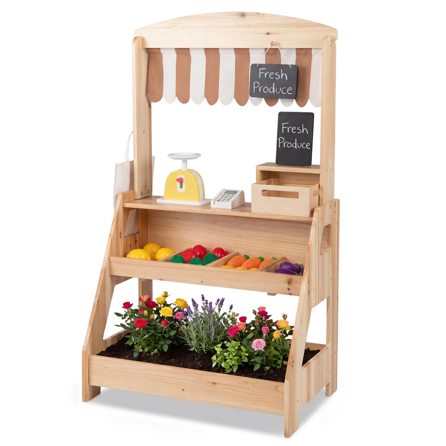 Brown 2-in-1 wooden mud kitchen and market stand for kids with planter box and two chalkboards, outdoor pretend play toy set.