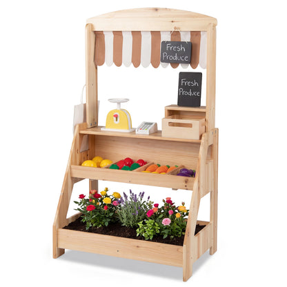 Brown 2-in-1 wooden mud kitchen and market stand for kids with planter box and two chalkboards, outdoor pretend play toy set.