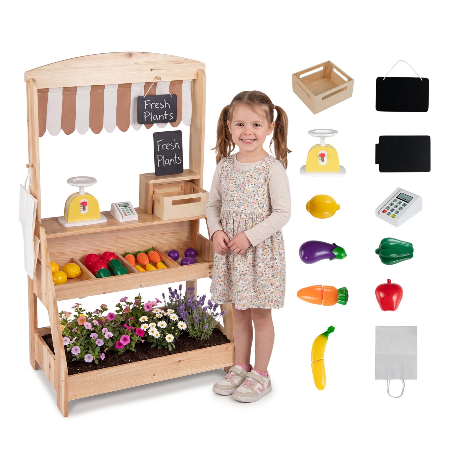 Brown 2-in-1 wooden mud kitchen and market stand for kids with planter box and two chalkboards, outdoor pretend play toy.