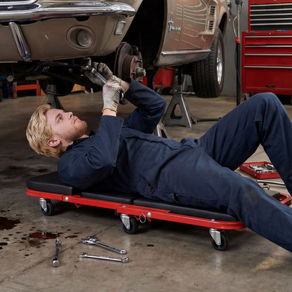 2-in-1 Z-Shaped Rolling Garage Stool 36" Folding Flat Automotive Creeper-Red