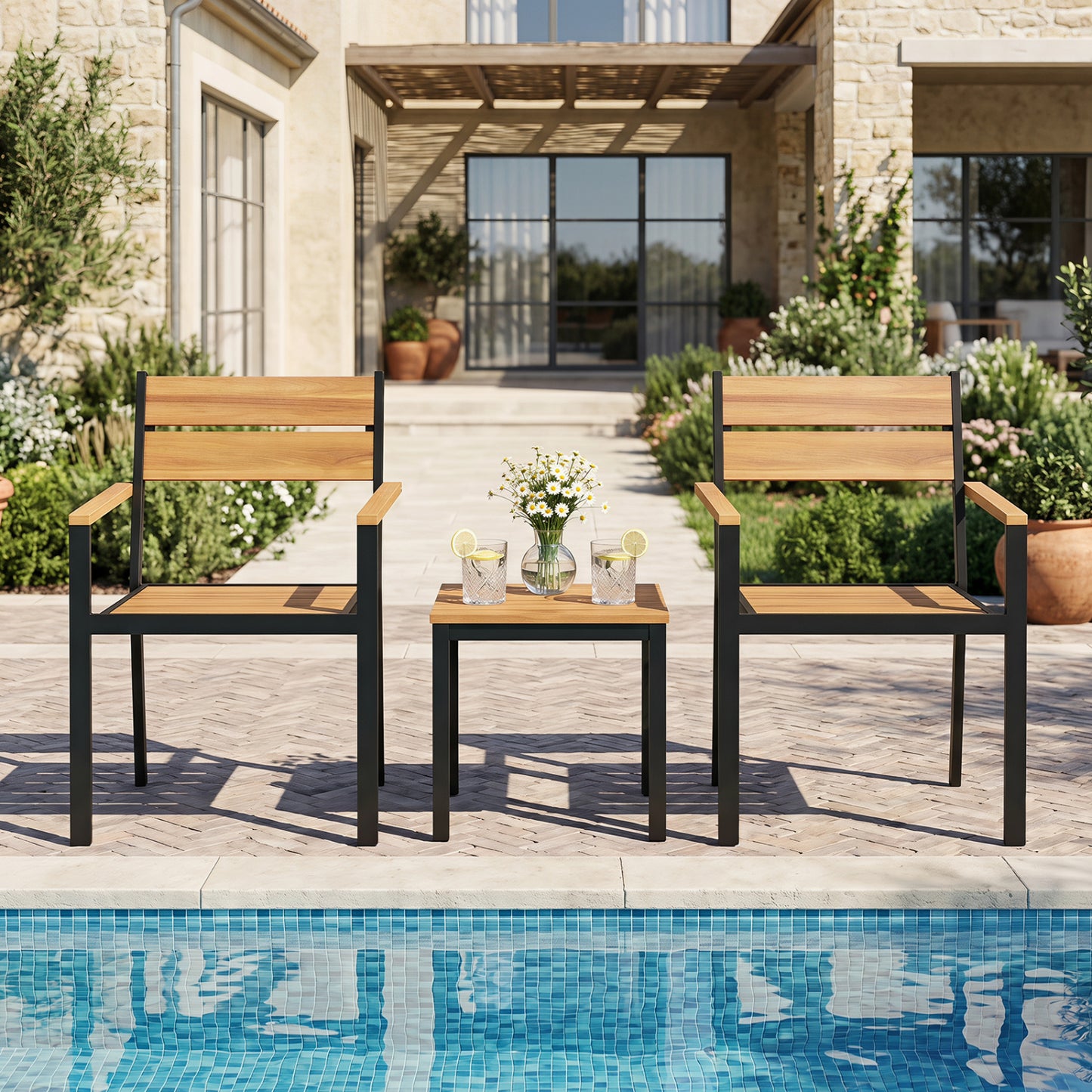 Two outdoor patio dining chairs with acacia armrests, designed for backyard gardens, from Wilsons Home Store.