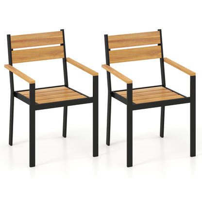 Two outdoor patio dining chairs with acacia armrests, designed for backyard garden seating, by Wilsons Home Store.