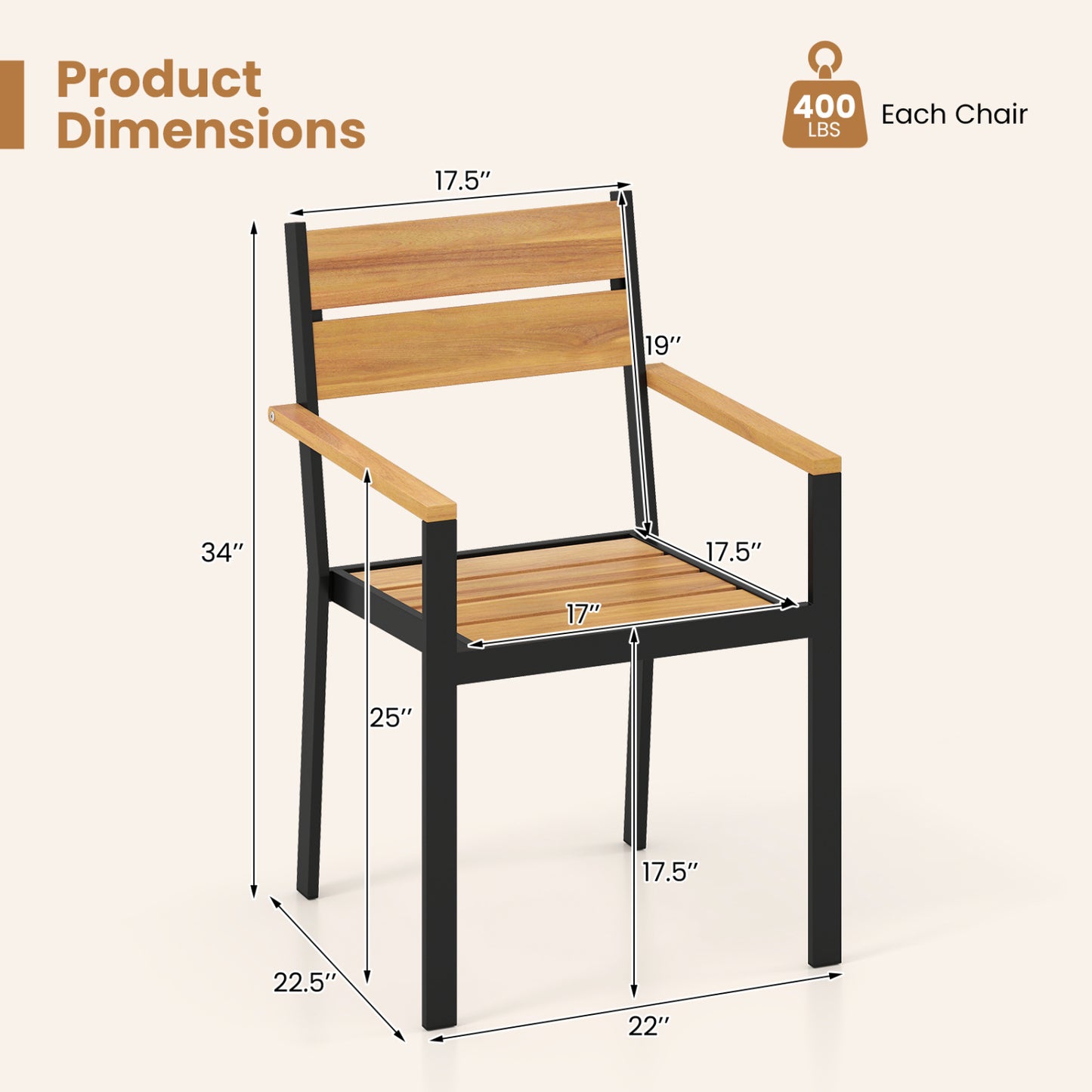 Two outdoor patio dining chairs with acacia armrests, ideal for backyard garden seating, by Wilsons Home Store.