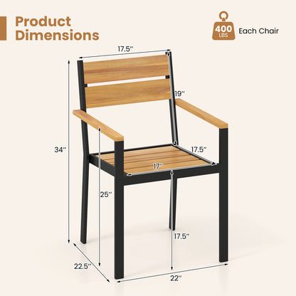 Two outdoor patio dining chairs with acacia armrests, ideal for backyard garden seating, by Wilsons Home Store.