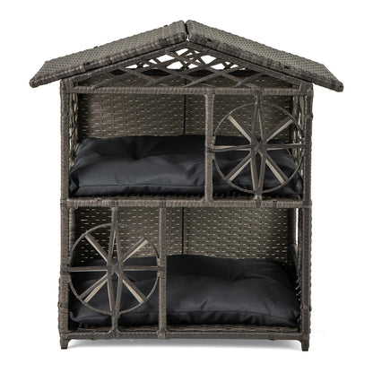 2-storey Wicker Cat House Rattan Kitten Condo Enclosure with Removable Cushions-Gray