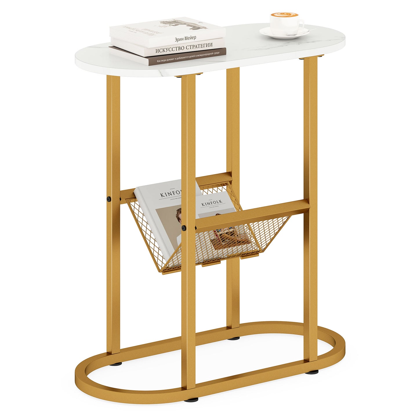 2-tier Industrial Oval Side Table with Mesh Shelf-White