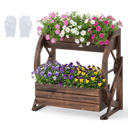 2-tier Raised Garden Bed Rustic Wood Wagon Planter with Drainage Holes and Semi-wheels-Coffee