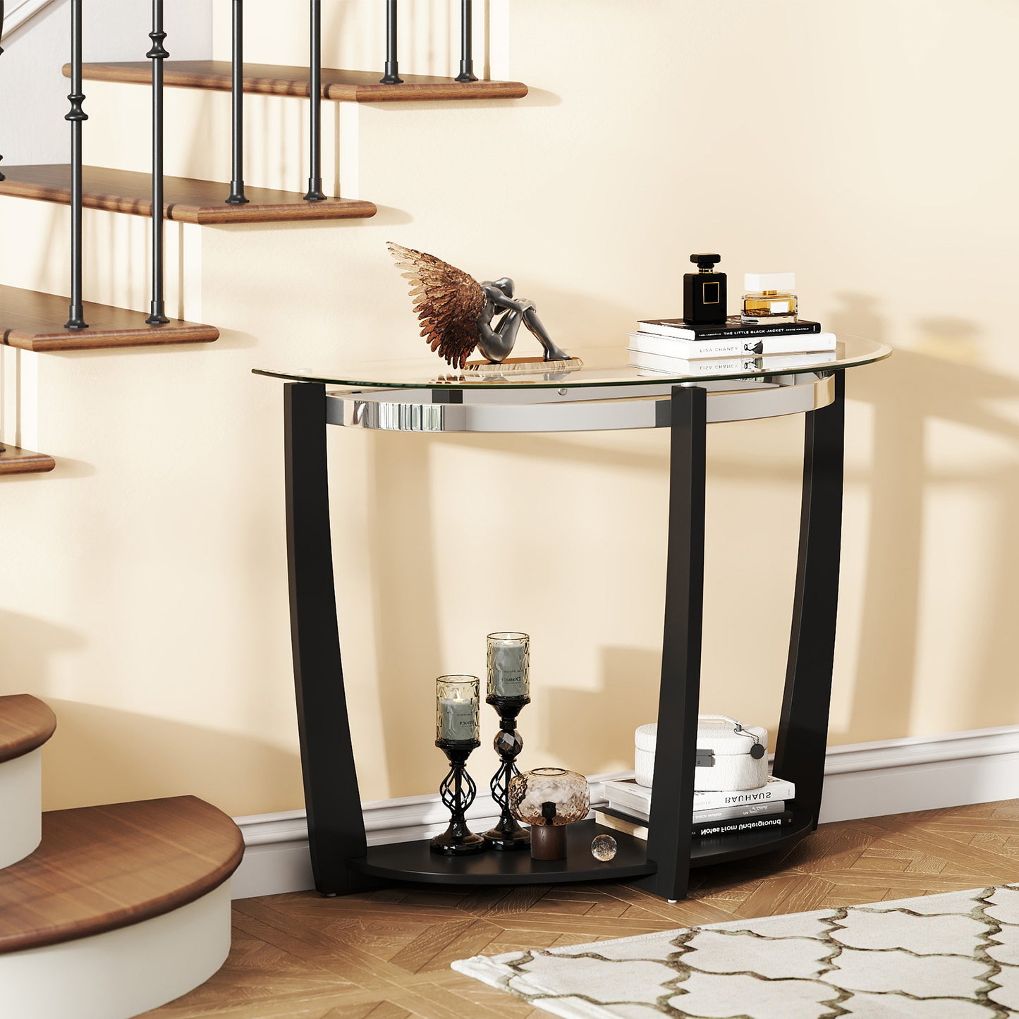 2-tier Tempered Glass Console Table with Clear Glass Top and Open Shelf-Black