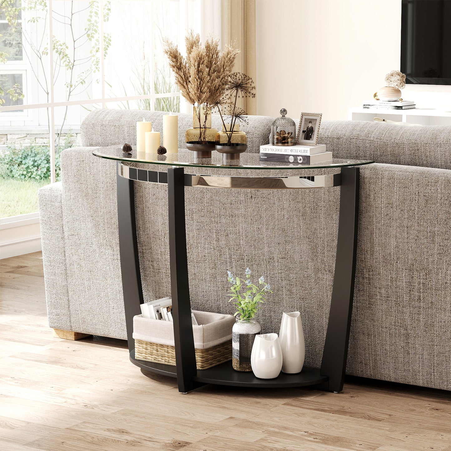 2-tier Tempered Glass Console Table with Clear Glass Top and Open Shelf-Black