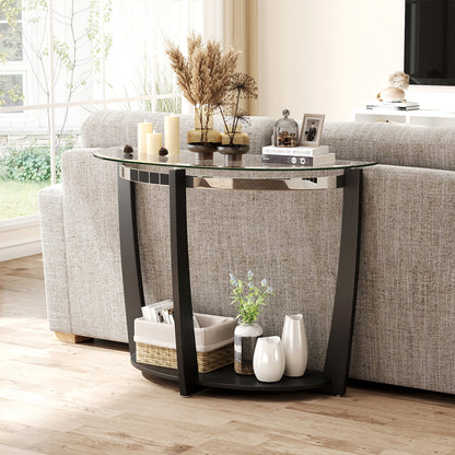 2-tier Tempered Glass Console Table with Clear Glass Top and Open Shelf-Black