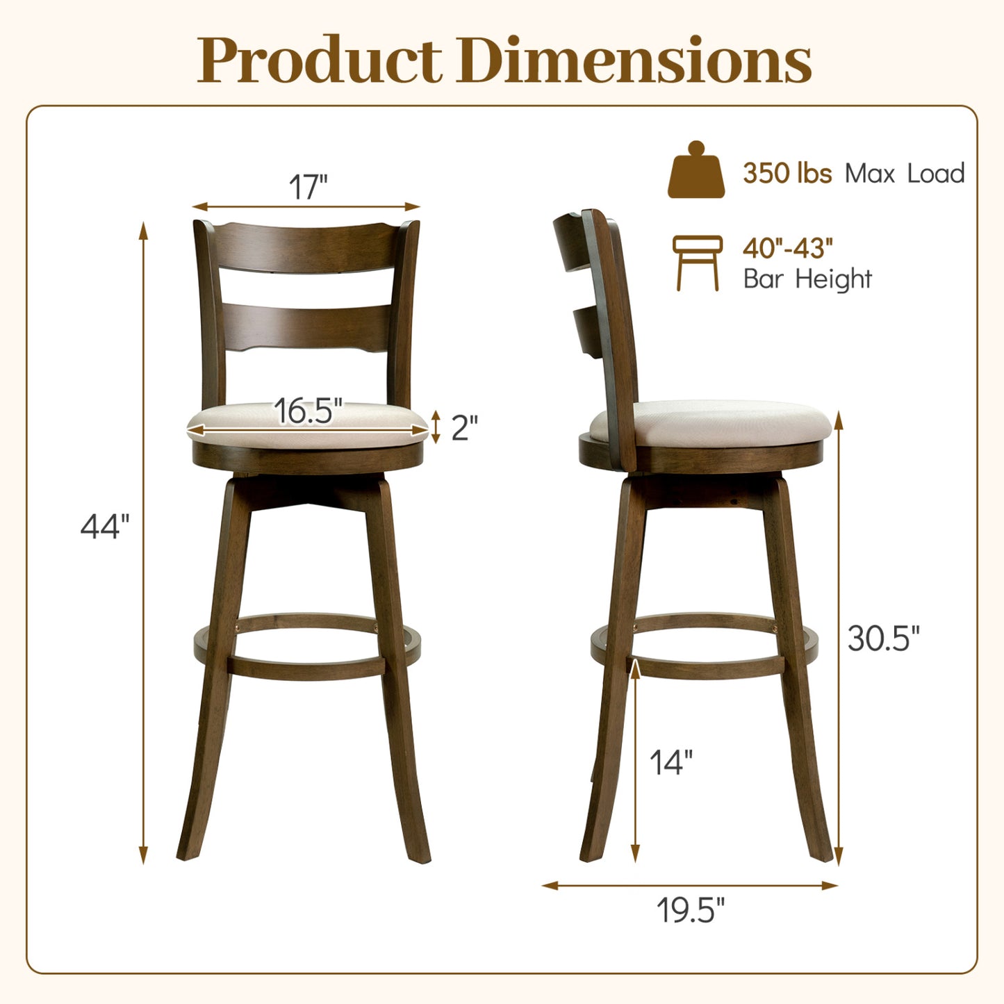 30.5 Inch Swivel Barstools with Backrest & Upholstered Seat-Set of 4
